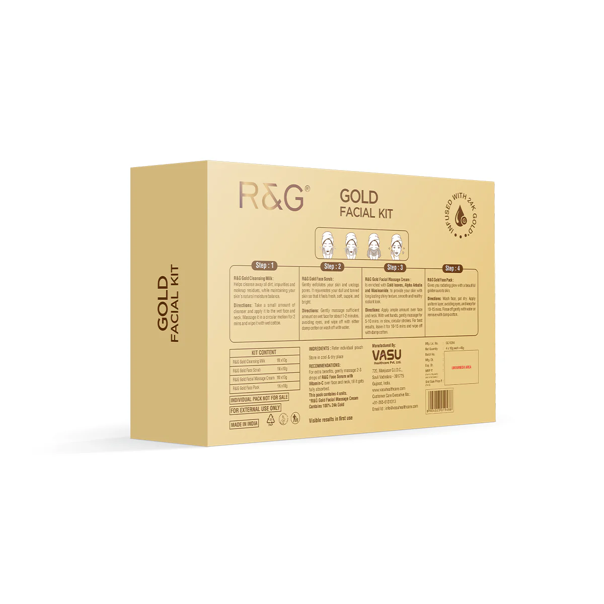 R&G Gold Mini Facial Kit with 24K Gold - 40 ml | for Instant Glow & Radiance | 4 Step Facial with Cleanser, Scrub, Massage Cream & Face Pack - Image 8