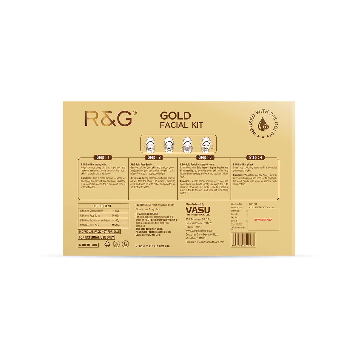R&G Gold Facial Kit with 24K Gold (Pack of 4 x 40 ml) | for Instant Glow & Radiance | 4 Step Facial with Cleanser, Scrub, Massage Cream & Face Pack - Image 7