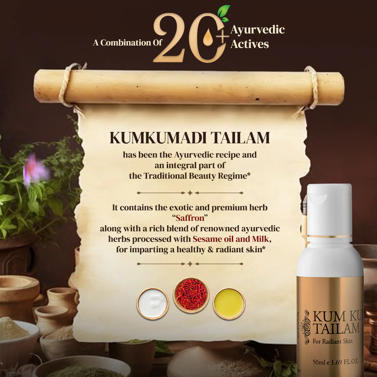 Vasu Kumkumadi Tailam - Enriched with 14 Powerful Herbs & Processed with Sesame Oil & Milk - For Natural Skin Glow - 100% Ayurvedic Oil For Young & Radiant Skin - Image 3