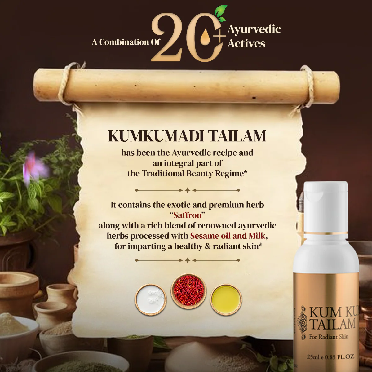 Vasu Kumkumadi Tailam - Enriched with 14 Powerful Herbs & Processed with Sesame Oil & Milk - For Natural Skin Glow - 100% Ayurvedic Oil For Young & Radiant Skin - Image 4